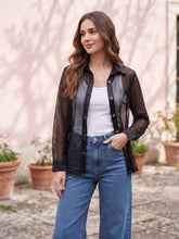Women’s Black Sheer Button-Down Cover-Up Shirt with Long Sleeves