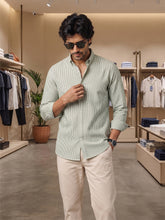 LENIA Men’s Green & White Striped Poly Cotton Full Sleeve Shirt