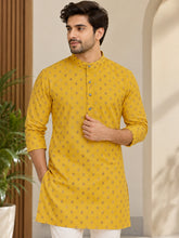 LENIA Men’s Yellow Printed Cotton Blend Kurta with Mandarin Collar