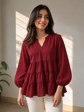 LENIA Women's Ajanta Fabric Tiered Peplum Top with Balloon Sleeves