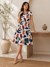 LENIA Women's Multicolor Abstract Printed Short Sleeve Midi Dress | Round Neck Fit and Flare Tiered Summer Dress
