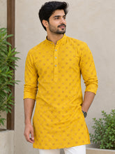 LENIA Men’s Printed Cotton Blend Straight Kurta – Mustard Yellow