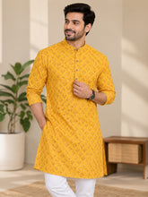 LENIA Men’s Printed Cotton Blend Straight Kurta – Mustard Yellow