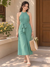 LENIA Women's Heavy Fabric Sleeveless Halter-Neck Jumpsuit with Waist Tie