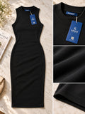 LENIA Women's Premium Soft Rib Sleeveless Bodycon Dress – Black High-Neck Knee-Length Dress
