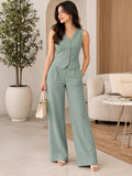LENIA Women's Ruby Cotton Slub Co-Ord Set – Sleeveless Button-Front Vest & Wide-Leg Pants