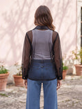 Women’s Black Sheer Button-Down Cover-Up Shirt with Long Sleeves