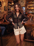 Women’s Black Sheer Button-Down Cover-Up Shirt with Long Sleeves