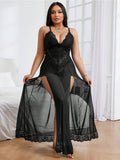 Women’s Lace Mesh Babydoll Nightdress with Side Slit Lingerie Gown