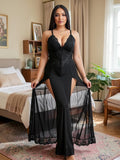 Women’s Lace Mesh Babydoll Nightdress with Side Slit Lingerie Gown