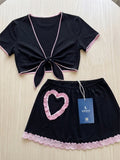 Women’s Bow-Detail Lingerie Set with Ruffle Mini Skirt