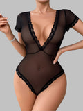 Women’s Black Sheer Robe Lingerie Set with Lace Trim and Satin Belt ( RDB41 )