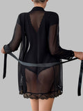 Women’s Black Sheer Robe Lingerie Set with Lace Trim and Satin Belt ( RDB41 )