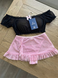 Women’s Black Off-Shoulder Crop Top and Pink Ruffle Mini Skirt Lingerie Set ( RDB28 )