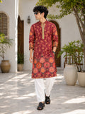 LENIA Men's Rayon Printed Kurta – Maroon & Rust Floral Ethnic Kurta with Full Sleeves
