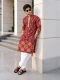 LENIA Men's Rayon Printed Kurta – Maroon & Rust Floral Ethnic Kurta with Full Sleeves