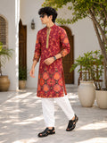 LENIA Men's Rayon Printed Kurta – Maroon & Rust Floral Ethnic Kurta with Full Sleeves