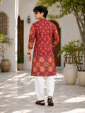 LENIA Men's Rayon Printed Kurta – Maroon & Rust Floral Ethnic Kurta with Full Sleeves