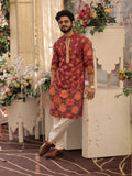 LENIA Men's Rayon Printed Kurta – Maroon & Rust Floral Ethnic Kurta with Full Sleeves