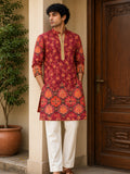 LENIA Men's Rayon Printed Kurta – Maroon & Rust Floral Ethnic Kurta with Full Sleeves