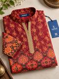 LENIA Men's Rayon Printed Kurta – Maroon & Rust Floral Ethnic Kurta with Full Sleeves
