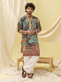 LENIA Men's Rayon Printed Ethnic Kurta – Teal Blue with Multicolor Traditional Motifs