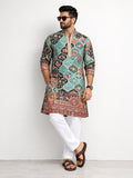 LENIA Men's Rayon Printed Ethnic Kurta – Teal Blue with Multicolor Traditional Motifs