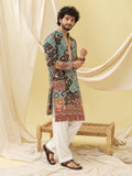 LENIA Men's Rayon Printed Ethnic Kurta – Teal Blue with Multicolor Traditional Motifs
