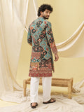 LENIA Men's Rayon Printed Ethnic Kurta – Teal Blue with Multicolor Traditional Motifs