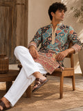 LENIA Men's Rayon Printed Ethnic Kurta – Teal Blue with Multicolor Traditional Motifs