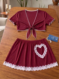 Women’s Bow-Detail Lingerie Set with Ruffle Mini Skirt
