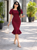LENIA Women's Premium Ajanta Fabric Mermaid Dress with Puff Sleeves