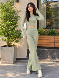 LENIA Women's Double Jersey Ribbed Co-Ord Set – Long Sleeve Crop Top & Flared Pants