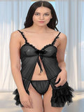 Women's Black Sheer Babydoll Lingerie Set with Ruffle Hem & Matching Panty ( 016 )