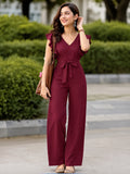 LENIA Women’s Maroon Heavy Vista Georgette Jumpsuit with Ruffle Sleeves and Waist Tie Belt