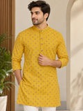 LENIA Men’s Yellow Printed Cotton Blend Kurta with Mandarin Collar