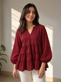 LENIA Women's Ajanta Fabric Tiered Peplum Top with Balloon Sleeves