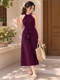 LENIA Women's Heavy Fabric Sleeveless Halter-Neck Jumpsuit with Waist Tie