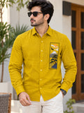 Men's Mustard Yellow Mountain Landscape Graphic Poly Cotton Full-Sleeve Casual Shirt
