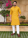LENIA Men’s Printed Cotton Blend Straight Kurta – Mustard Yellow
