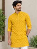 LENIA Men’s Printed Cotton Blend Straight Kurta – Mustard Yellow