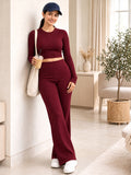 LENIA Women's Double Jersey Ribbed Co-Ord Set – Long Sleeve Crop Top & Flared Pants