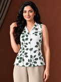 LENIA Women's Premium Cotton Sleeveless Printed Shirt – Blue & Beige Leaf Pattern