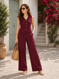 LENIA Women's Ruby Cotton Slub Co-Ord Set – Sleeveless Button-Front Vest & Wide-Leg Pants