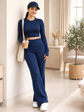 LENIA Women's Double Jersey Ribbed Co-Ord Set – Long Sleeve Crop Top & Flared Pants