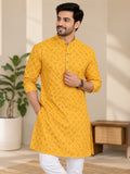 LENIA Men’s Printed Cotton Blend Straight Kurta – Mustard Yellow