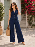 LENIA Women's Ruby Cotton Slub Co-Ord Set – Sleeveless Button-Front Vest & Wide-Leg Pants