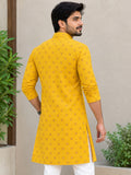 LENIA Men’s Printed Cotton Blend Straight Kurta – Mustard Yellow
