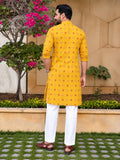 LENIA Men’s Printed Cotton Blend Straight Kurta – Mustard Yellow