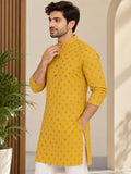 LENIA Men’s Yellow Printed Cotton Blend Kurta with Mandarin Collar